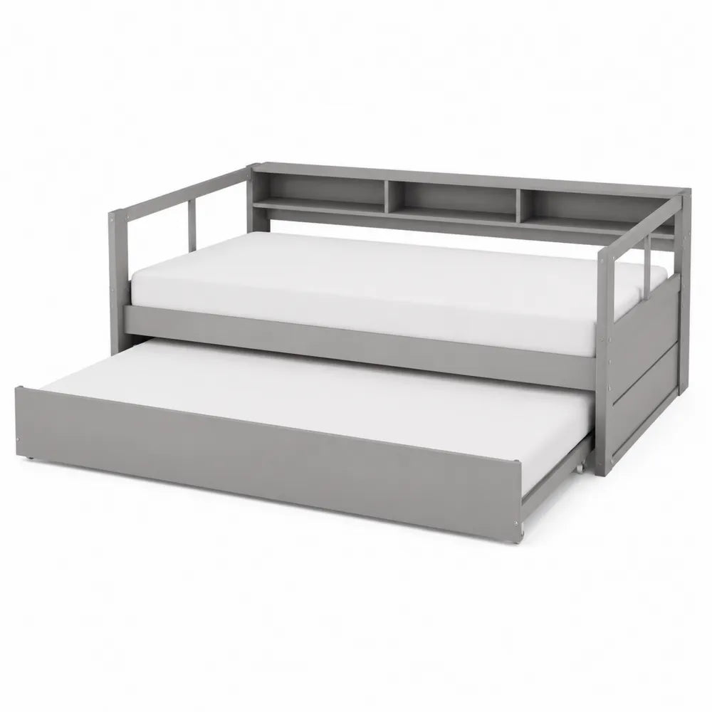 Letto singolo con estraibile in legno grigio con scaffale