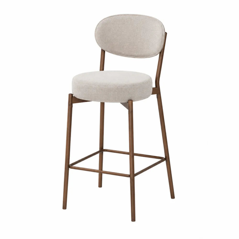 Sgabello da Bar in Tessuto Beige con Struttura in Metallo Marrone