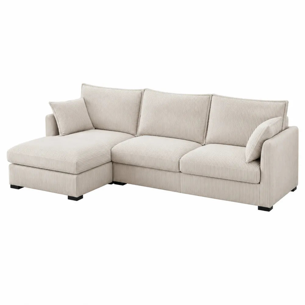 Divano angolare in tessuto a coste e legno beige