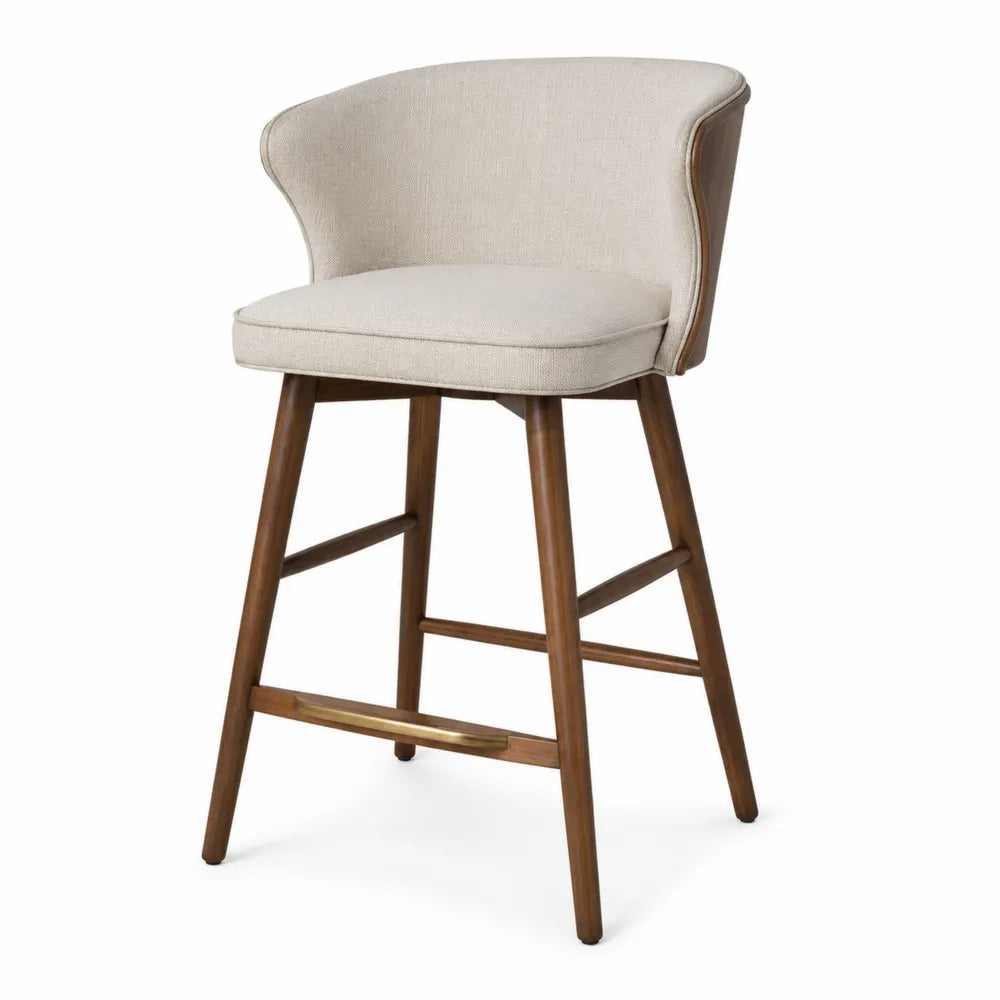 Sgabello da bar in legno di noce con tessuto beige