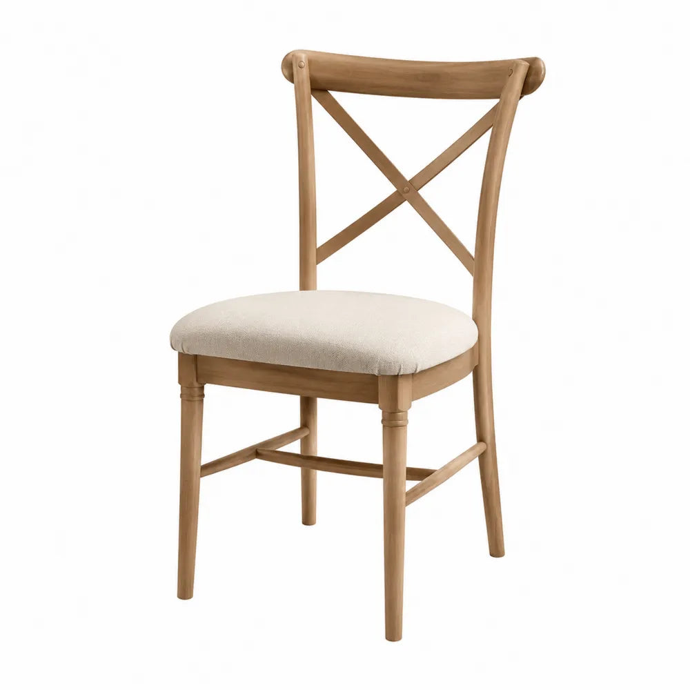 Sedia da pranzo in legno massello di rovere con seduta in tessuto beige
