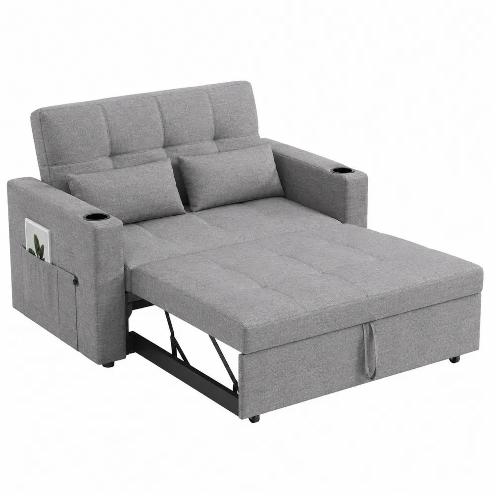 Divano Letto in Tessuto Grigio con Portaoggetti e Portabicchieri