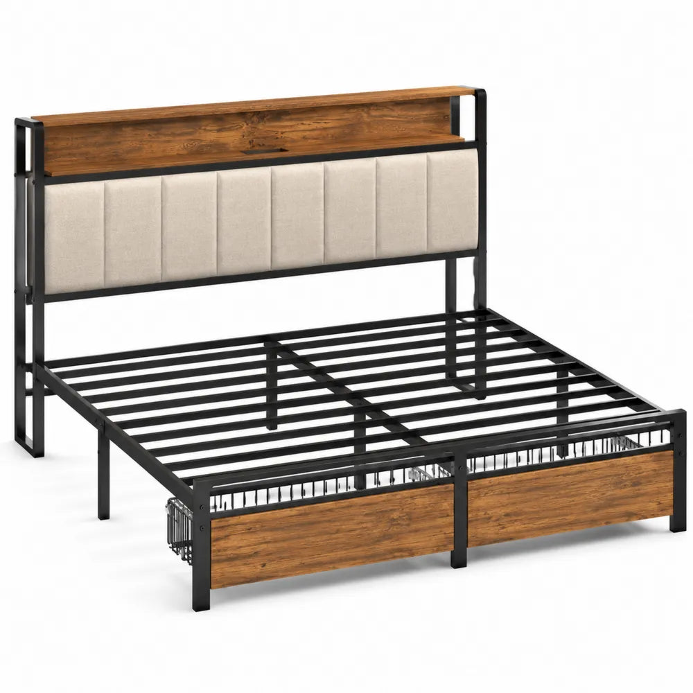 Letto matrimoniale in metallo e legno con testiera imbottita 200x160 cm