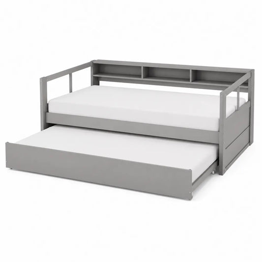 Letto singolo con estraibile in legno grigio con scaffale