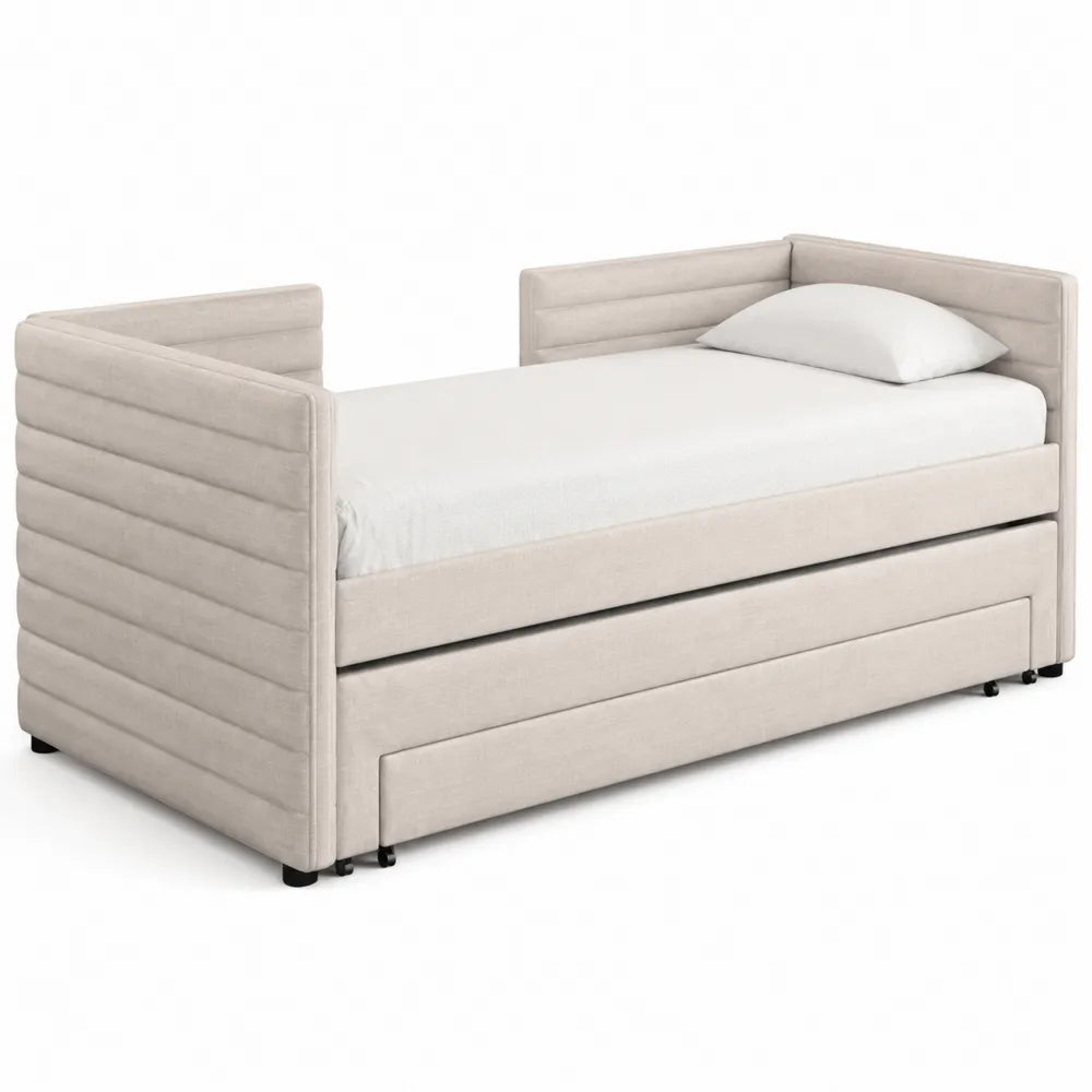 Letto singolo con letto estraibile in tessuto beige con struttura in legno
