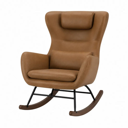 Sedia a dondolo in metallo e legno con rivestimento in pelle sintetica marrone