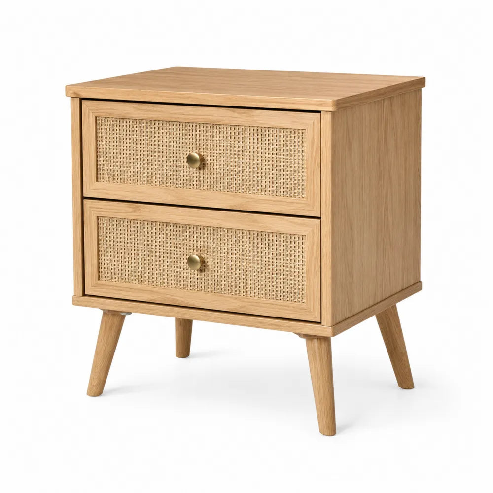 Comodino in legno di quercia con cassetti in rattan