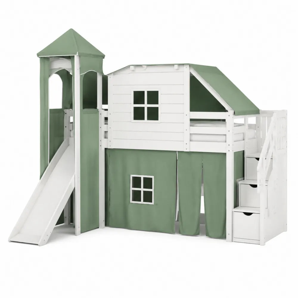 Letto a Castello per Bambini in Legno con Scivolo Bianco e Verde