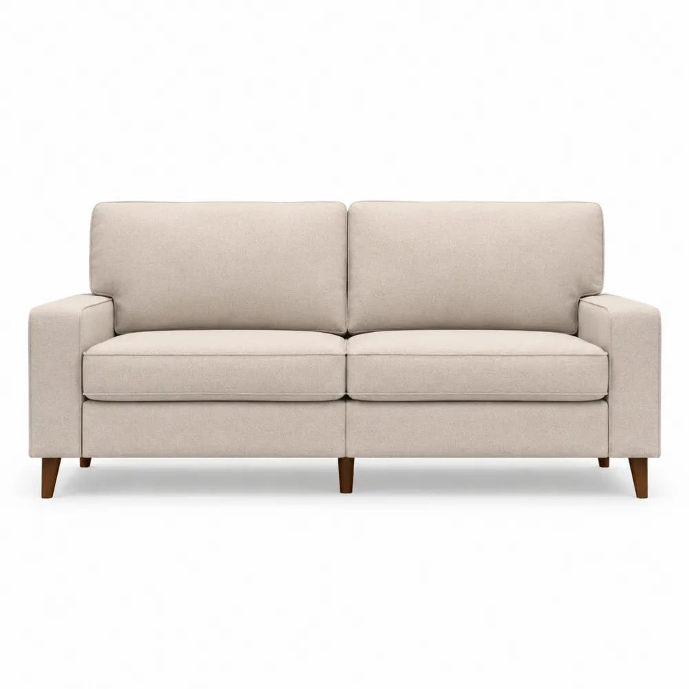 Divano a 3 posti in tessuto beige con gambe in legno