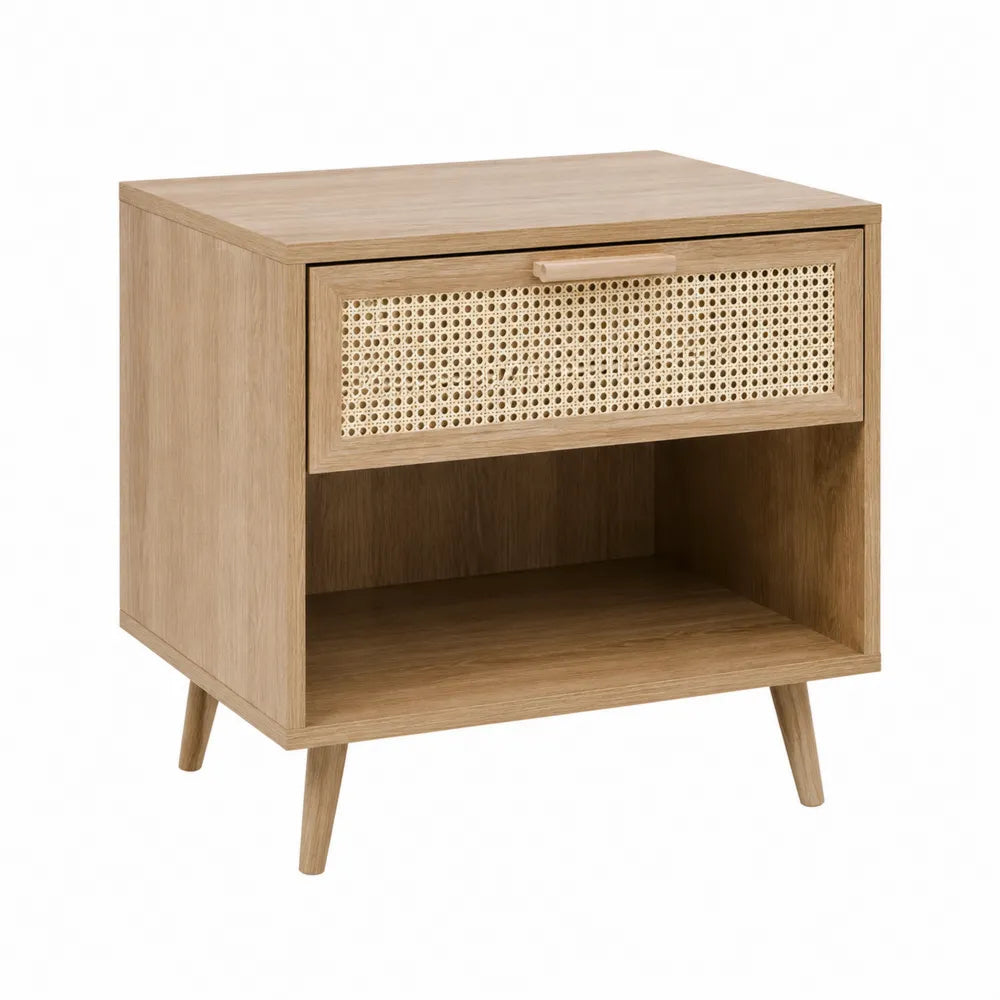 Comodino in legno e rattan intrecciato naturale