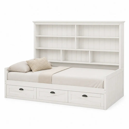 Letto con Libreria e Cassetti in Legno di Pino Bianco