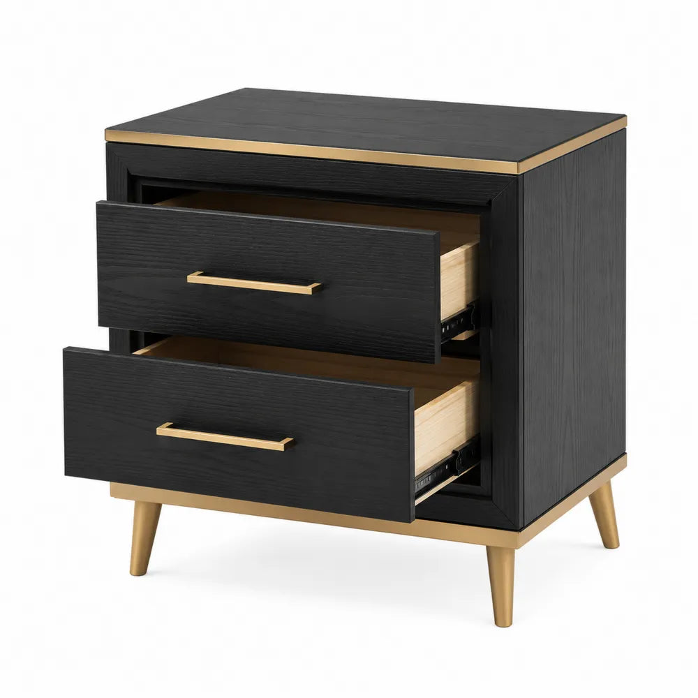 Comodino in legno e metallo nero con due cassetti