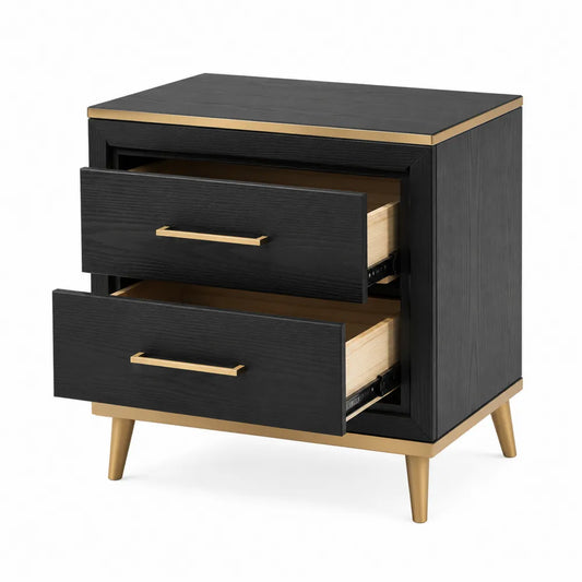 Comodino in legno e metallo nero con due cassetti