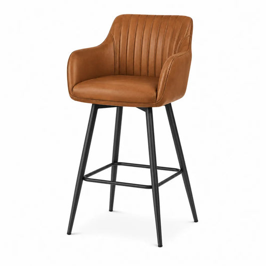 Sgabello da bar in pelle sintetica marrone con gambe in metallo