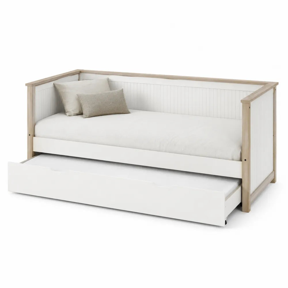 Letto Singolo in Legno con Cassetto 200x90 cm Bianco e Beige