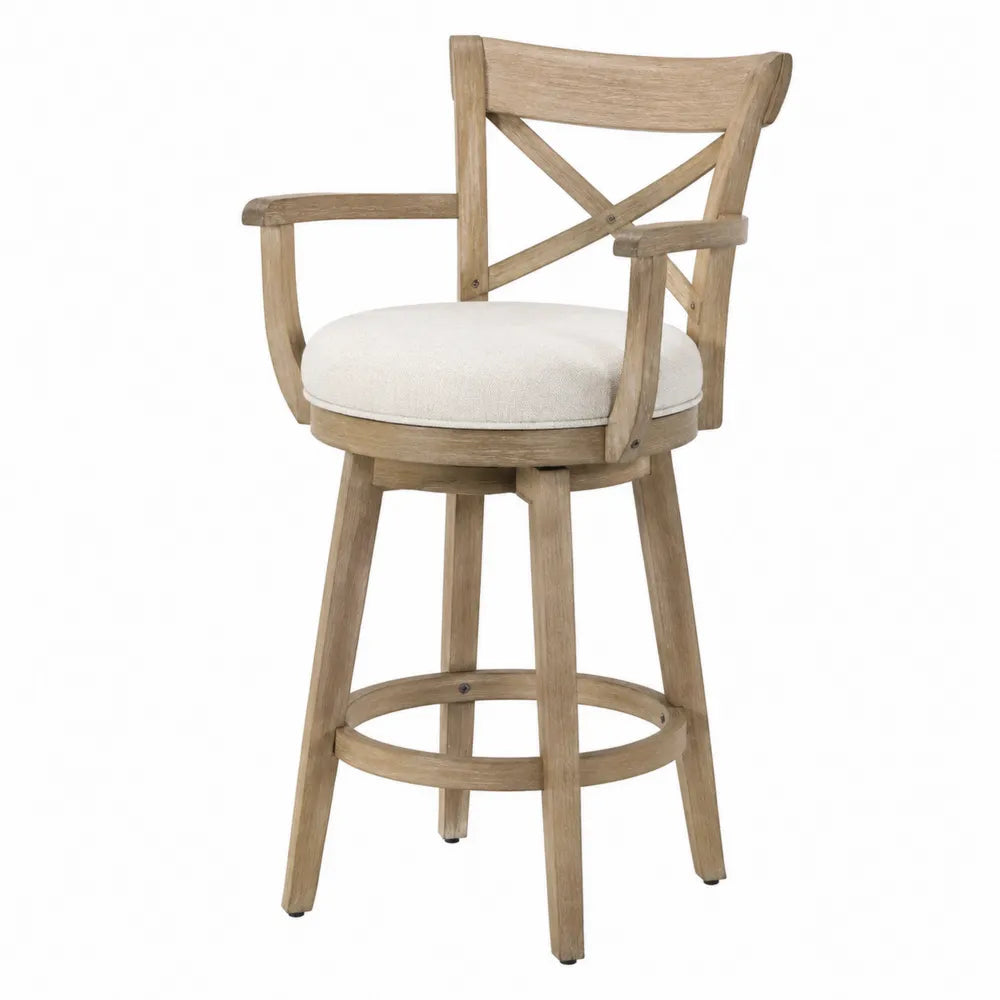 Sgabello da bar in legno massello con seduta in poliestere beige girevole