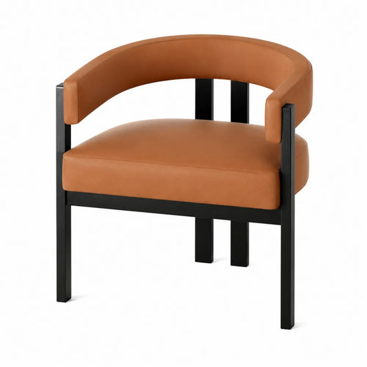 Sedia con braccioli in pelle sintetica marrone e struttura in metallo nero