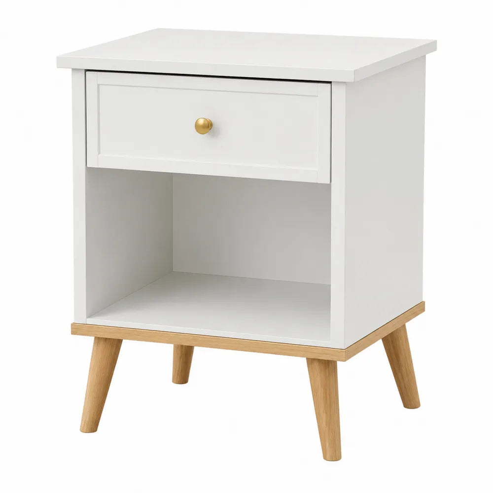 Comodino in legno bianco con gambe in rovere