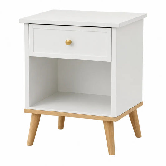 Comodino in legno bianco con gambe in rovere