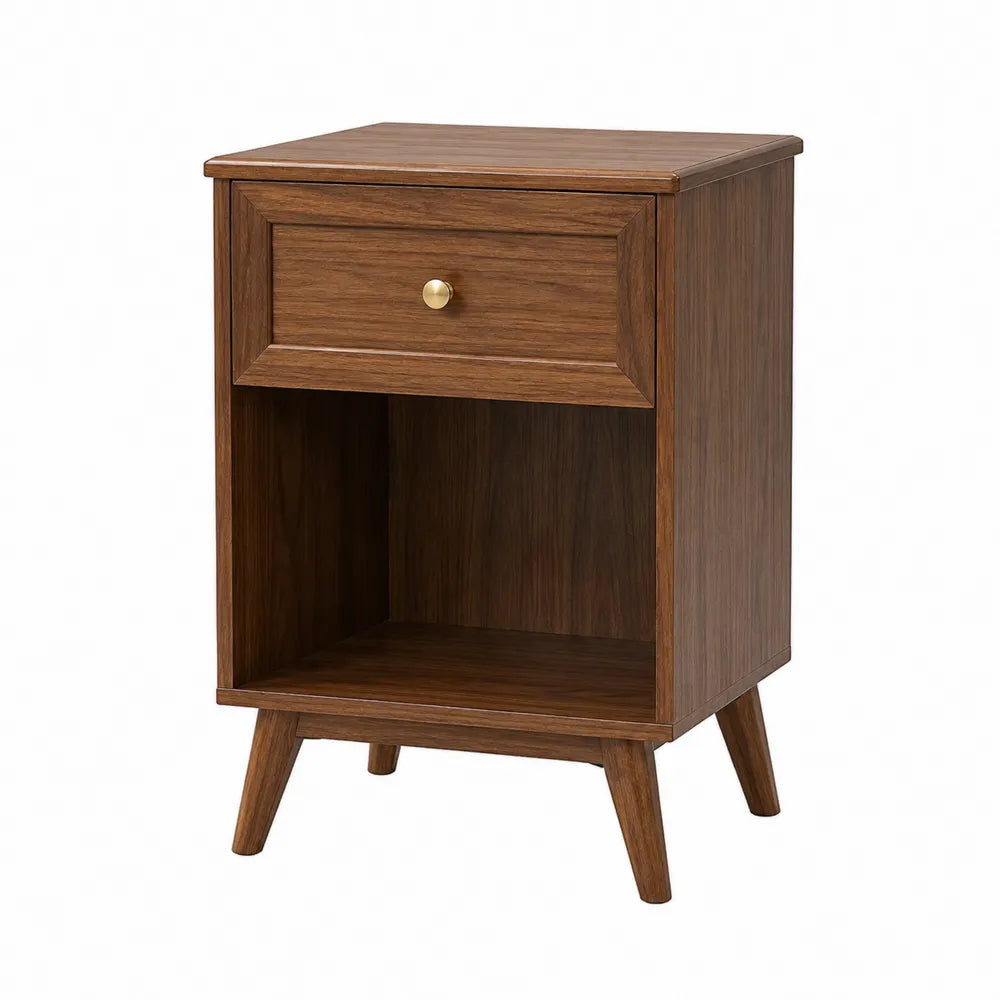Comodino in legno con cassetto e scomparto aperto