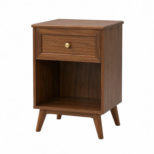 Comodino in legno con cassetto e scomparto aperto