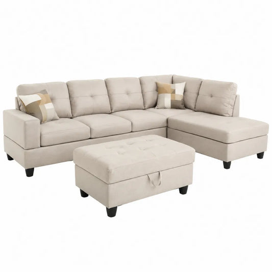Divano angolare in tessuto con pouf beige